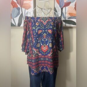 Bohemian Floral Off-Shoulder Blouse - Navy and Coral